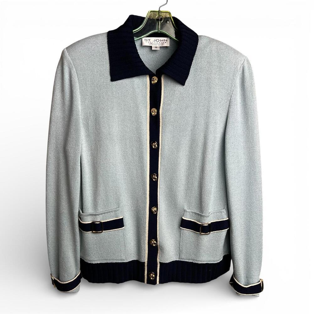 Vintage St. John Collection Light Blue and Navy Knit Sweater Set